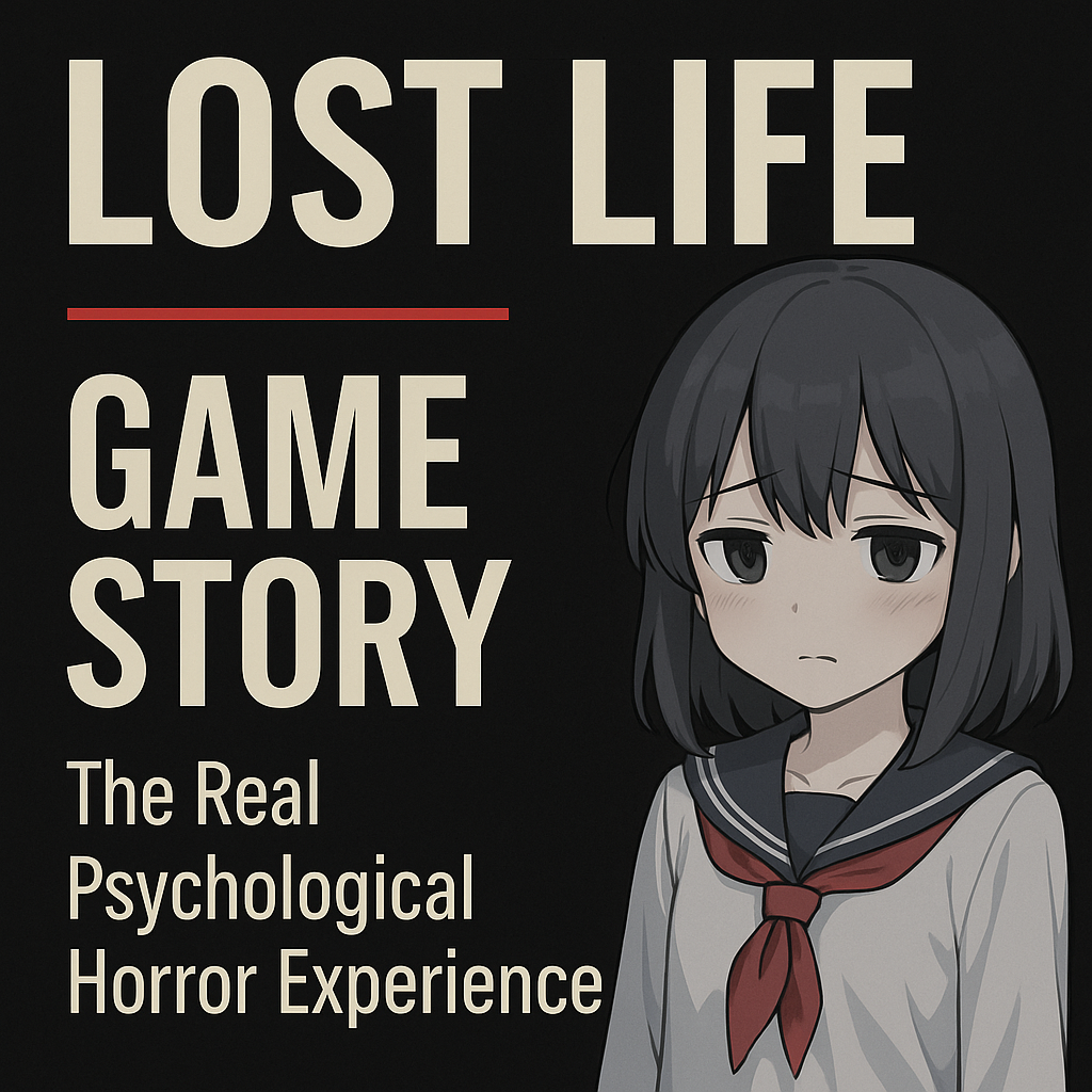 Anime-style visual representing the emotional and psychological horror theme of Lost Life Game Story, featuring a sad girl character in school uniform and bold title text – related to Lost Life APK.